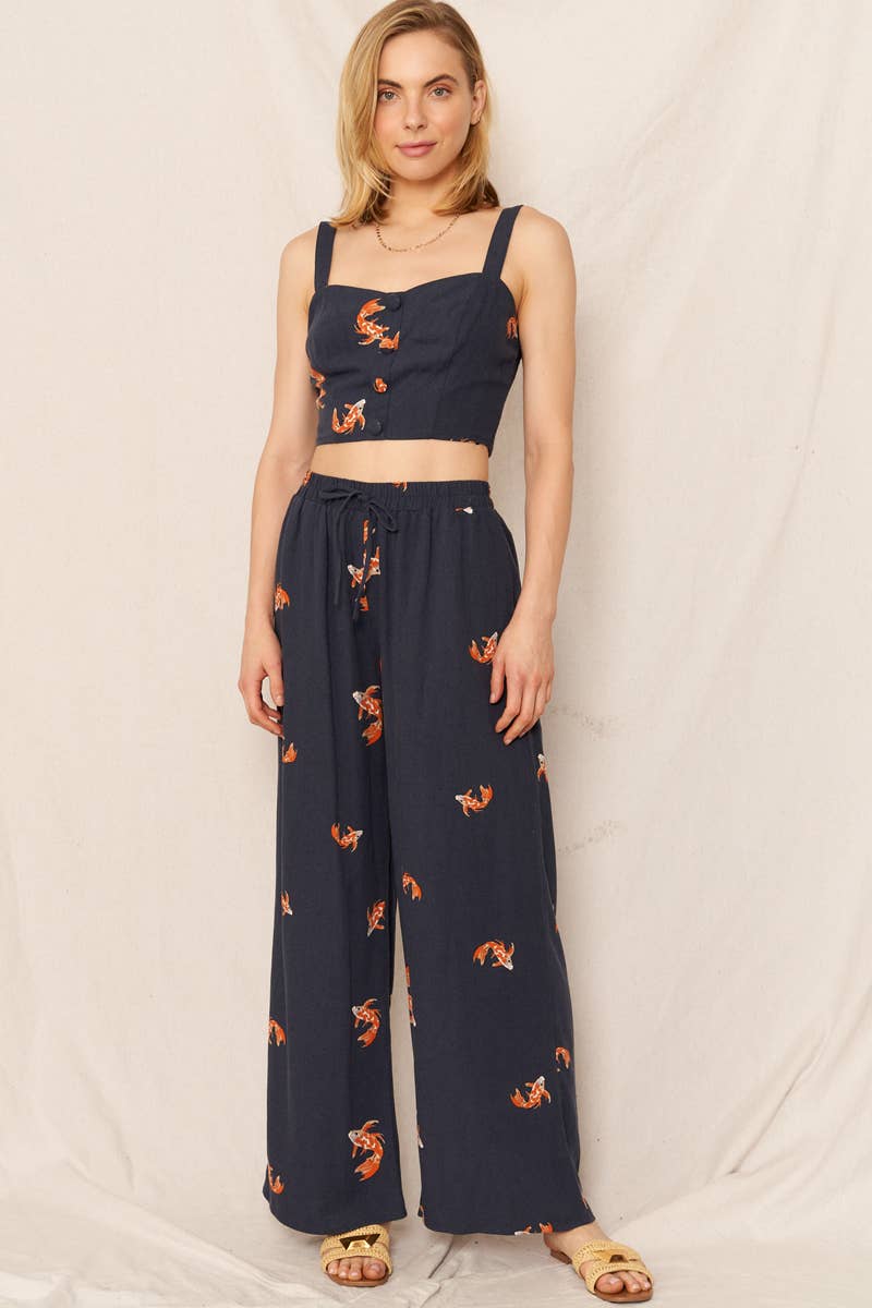 Koi Fish Print Wide Leg Pants