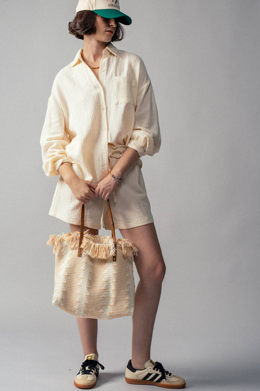 Cream Crinkle Cotton Gauze Resort Button-Up Set