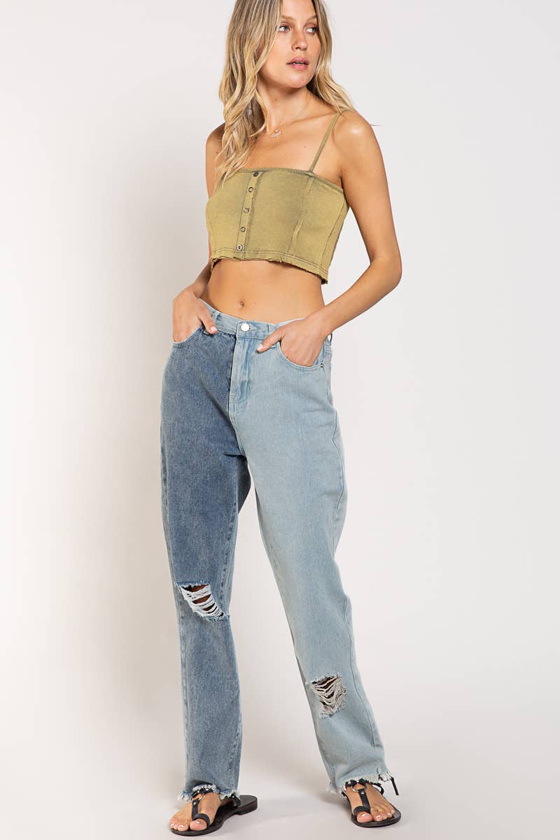 Distressed Edge Color Block Denim Pants