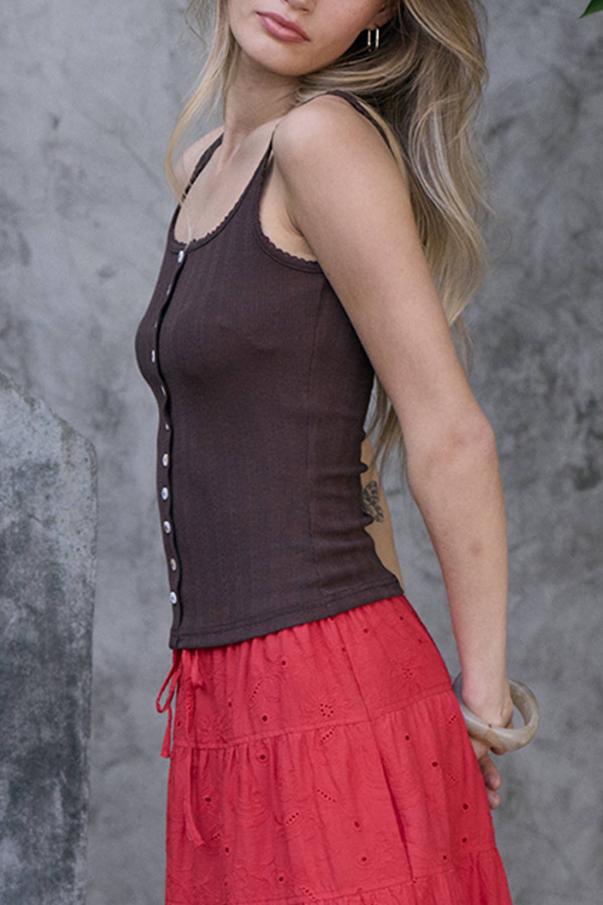 Pointelle Ribbed Button Front Knit Cami