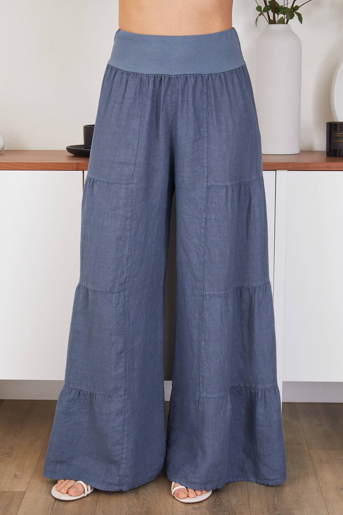 DENIM BLUE LINEN TIERED PALAZZO PANT