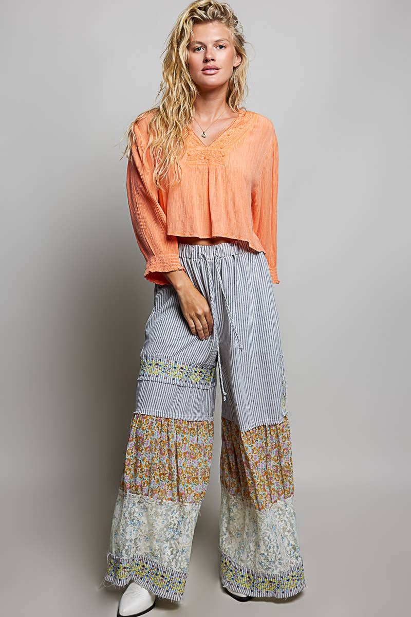 V Neck Long Sleeve Embroidered Textured Woven Blouse Top