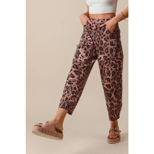 VINTAGE WASHED LEOPARD MID RISE WIDE LEG BARREL SHAPE PANTS