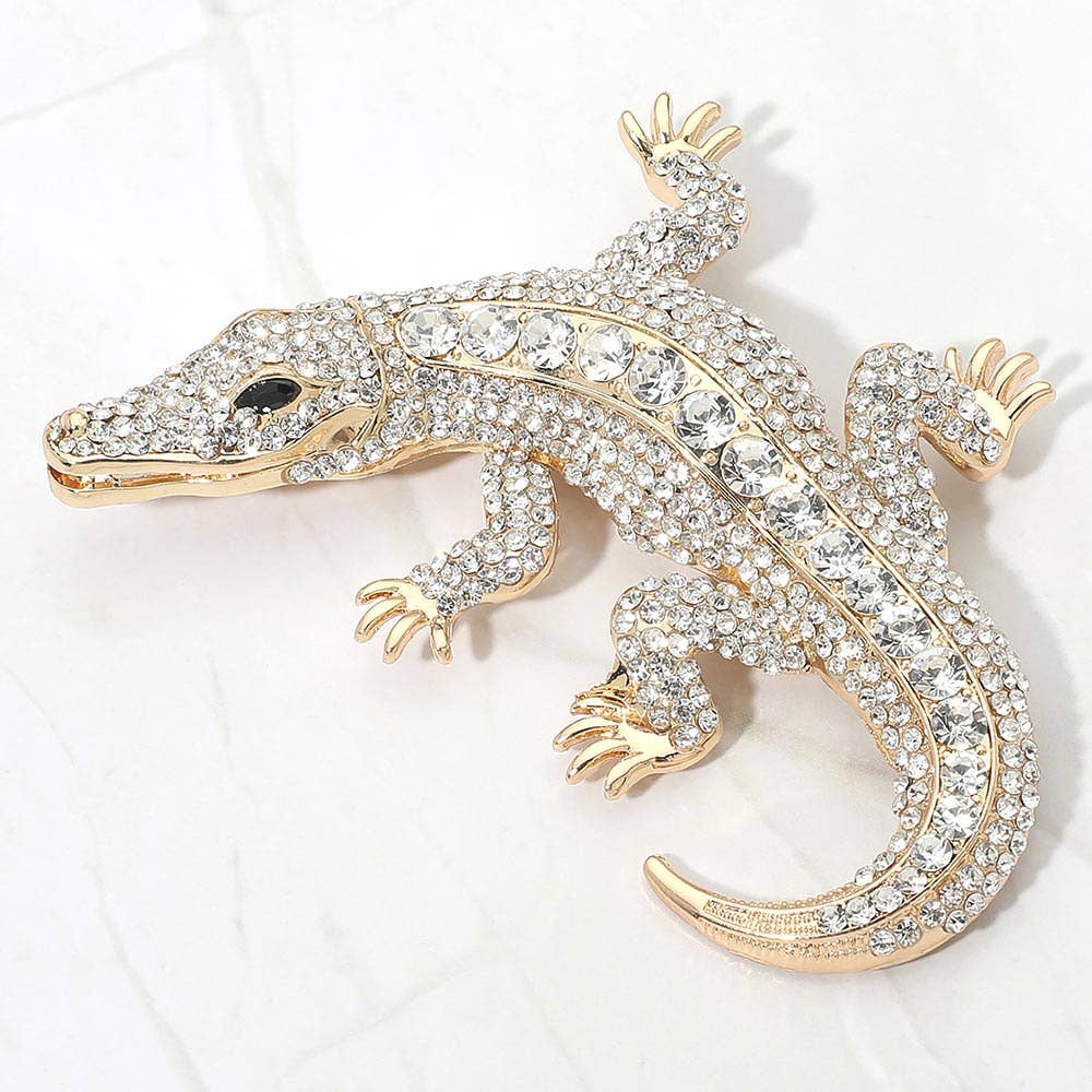 Bold Rhinestone Embellished Alligator Pin Brooch