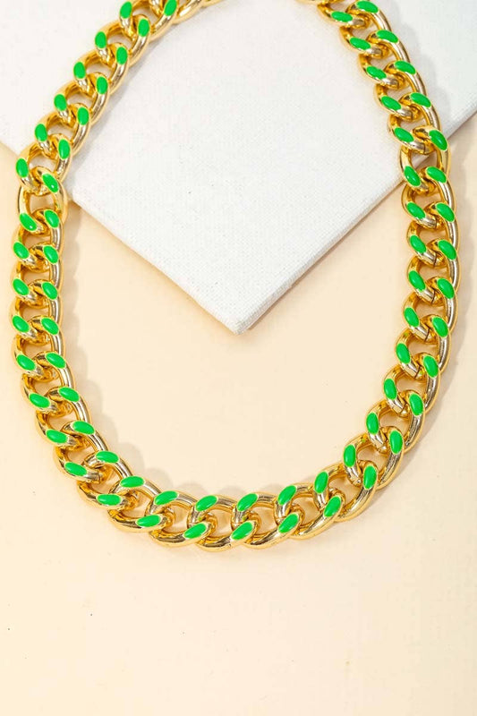 Green Enamel Accent Curb Chain Necklace