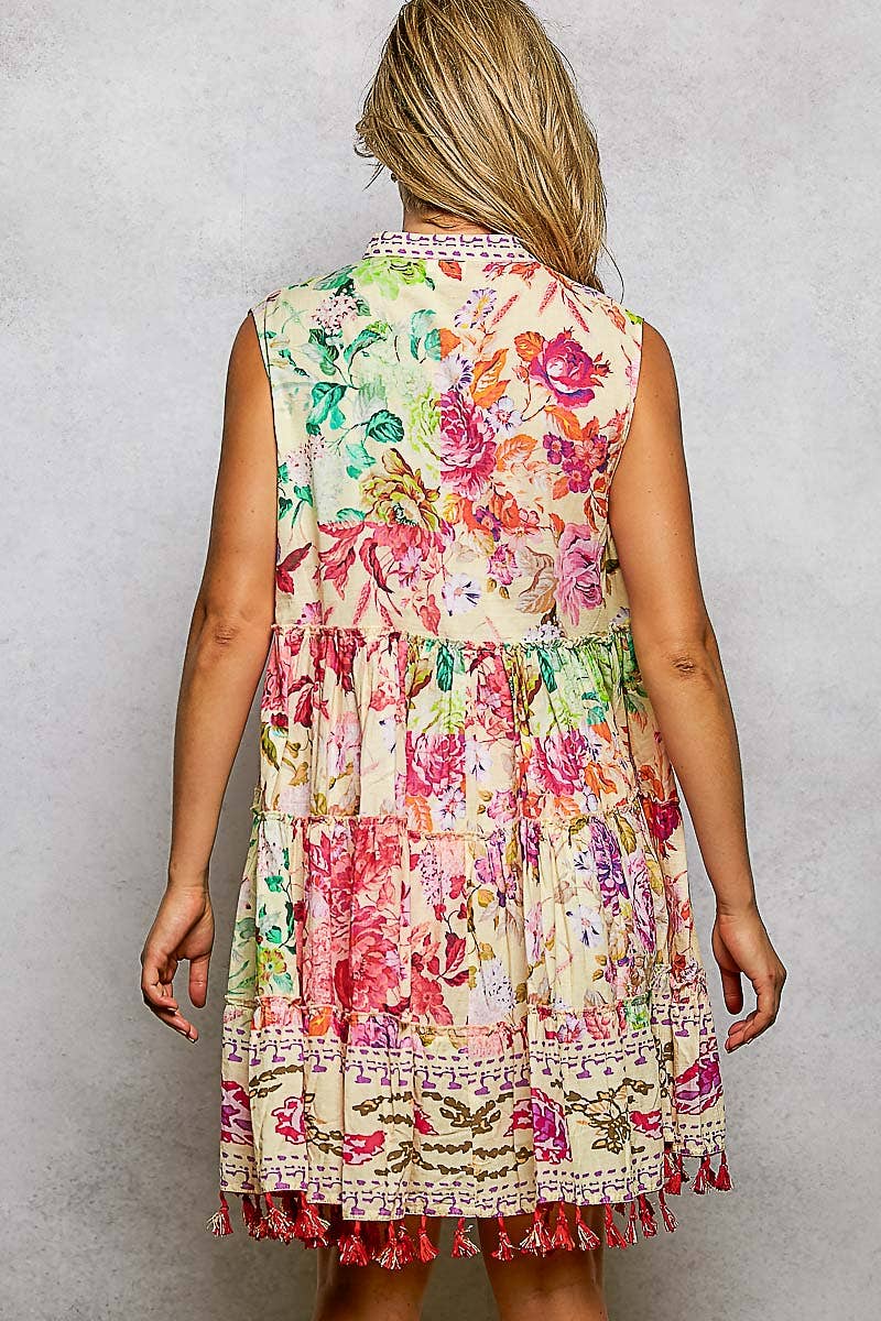 Cotton Button Closure Floral Tassel Bead Sleeveless Dress