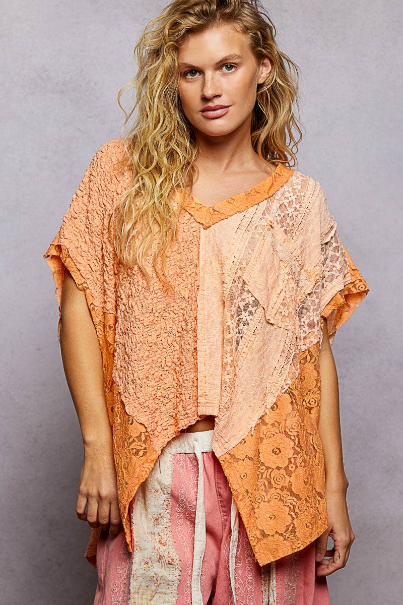 Patchwork Lace Oversized V-Neck Raw Edge Top