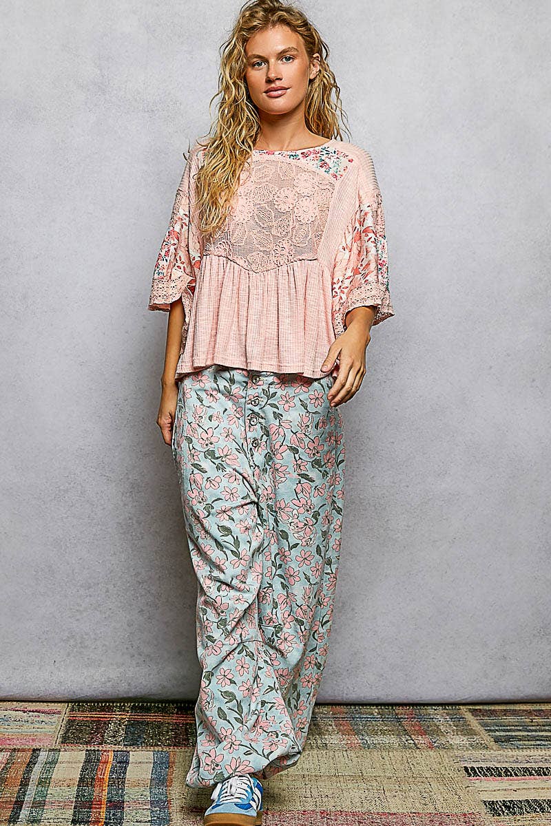 Rib Floral Pattern Round Neck Short Sleeve Top