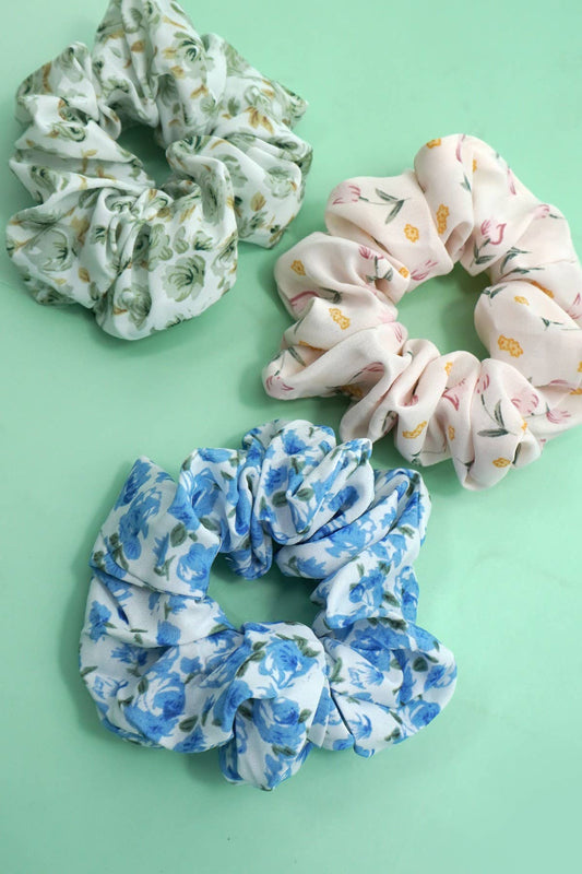 CHIFFON FLORAL TOILE SCRUNCHIES SET OF 3