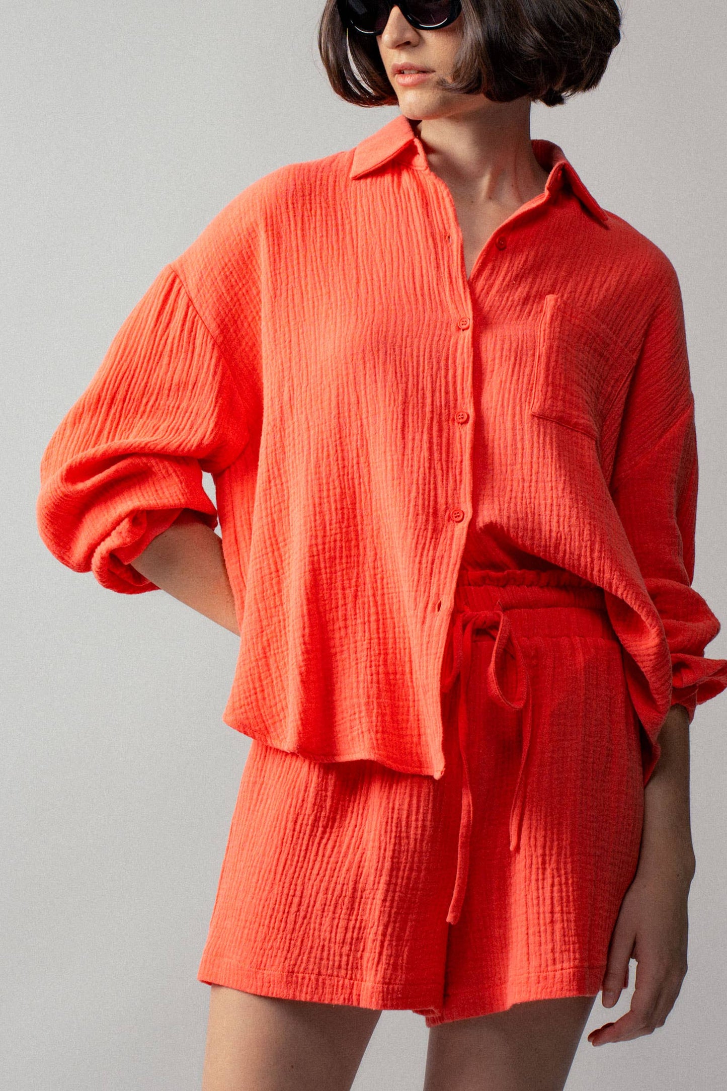 Coral Crinkle Cotton Gauze Resort Button-Up Set
