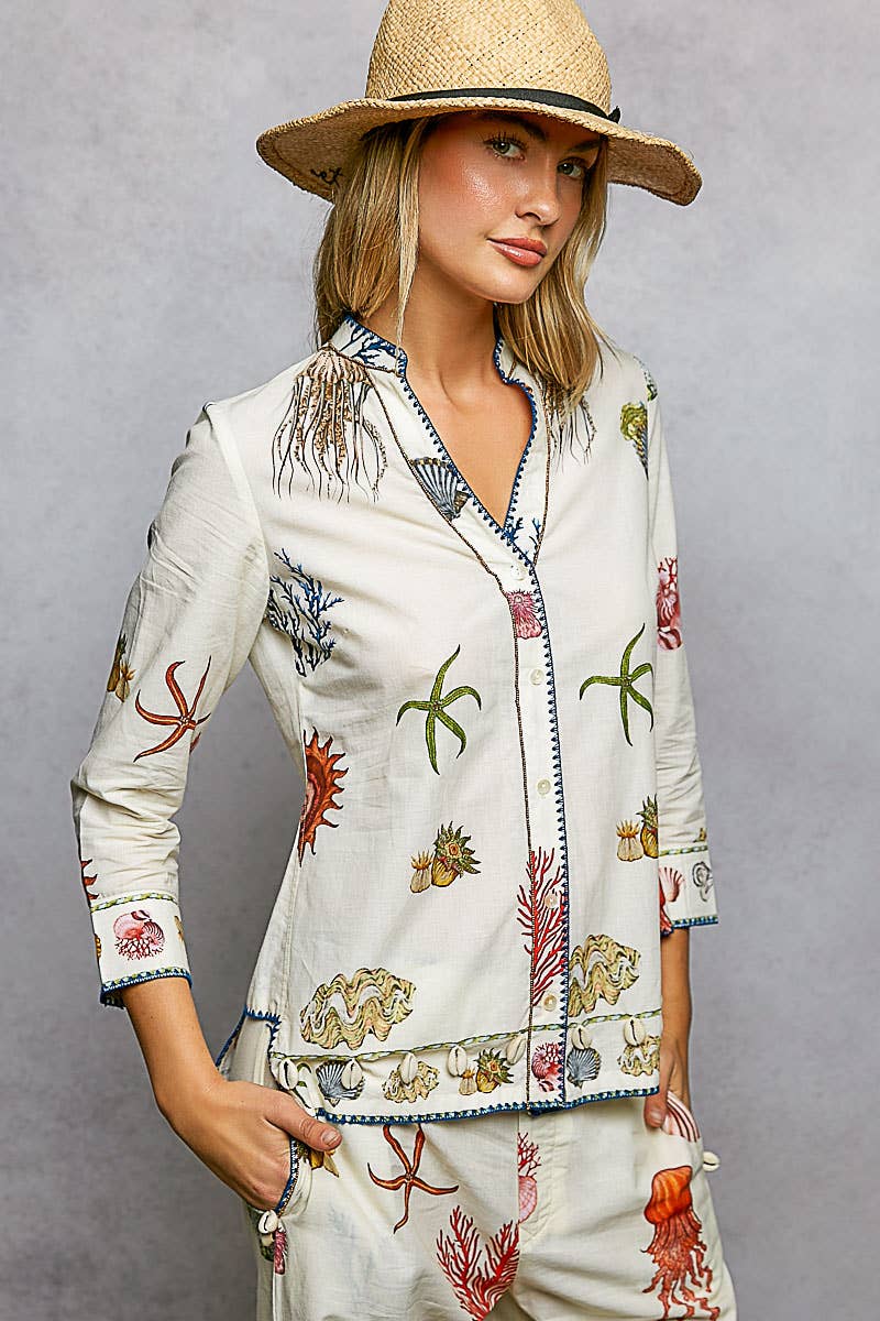 Sea Contrast Stitch Shell Trim Shirt Top