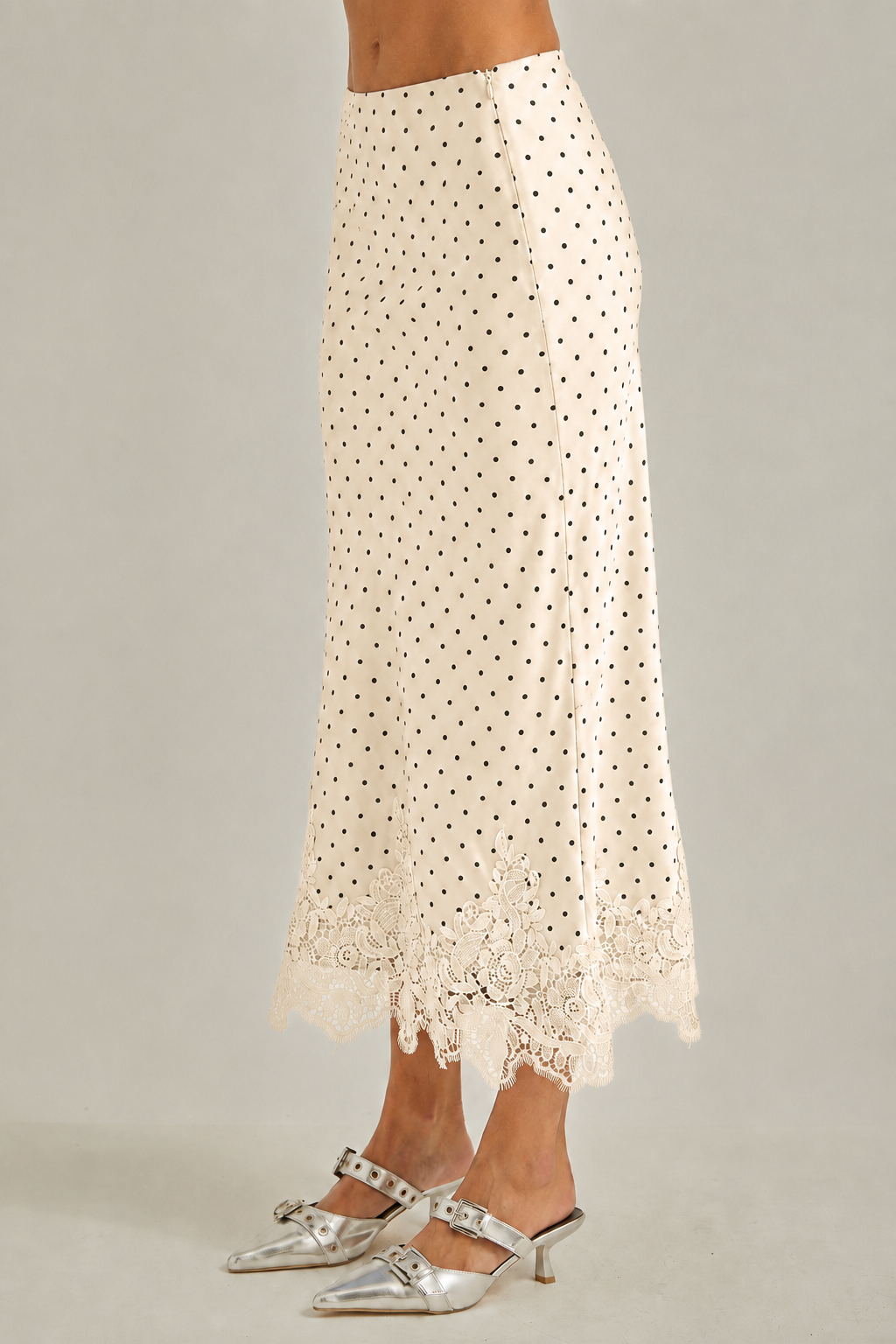 Polkadot with lace hem fit & flare bias midi skirt