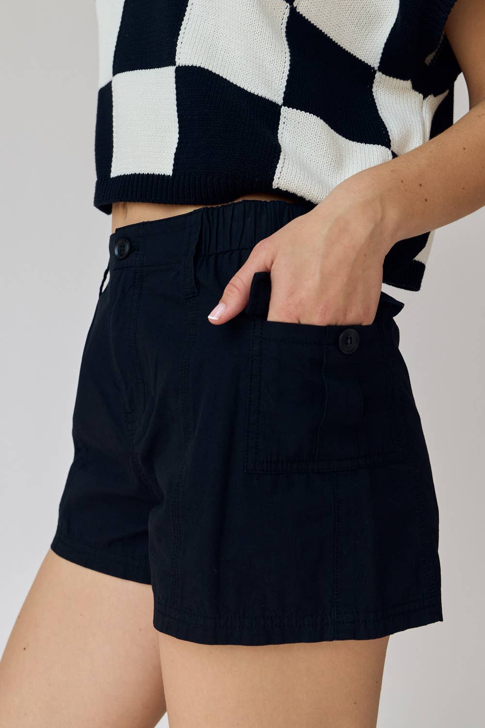 Black Low-Rise Elastic Waist Cargo Shorts