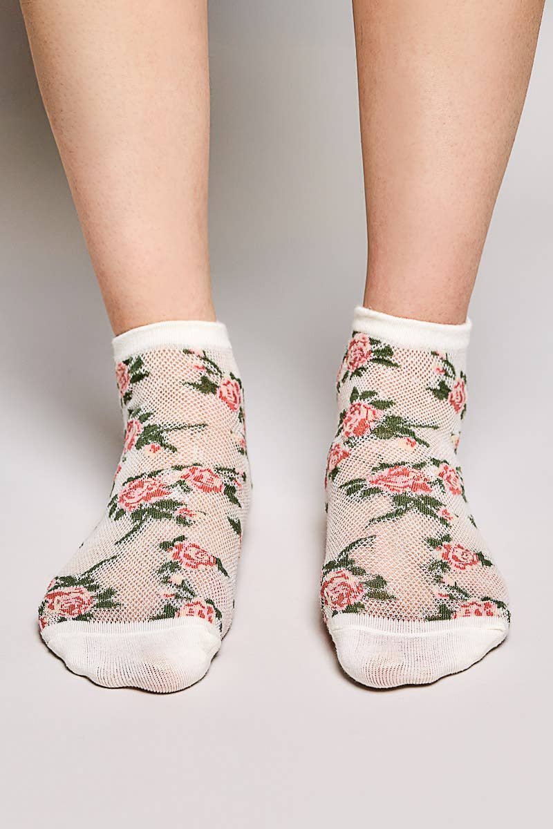 Allover Floral Print Classic Ribbed Cuff Knit Crew Socks