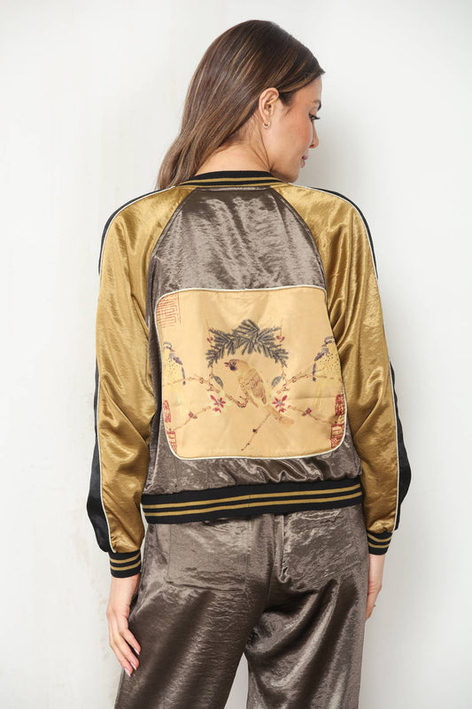 Reversible Patchwork Hammered Satin Bomber Jacket