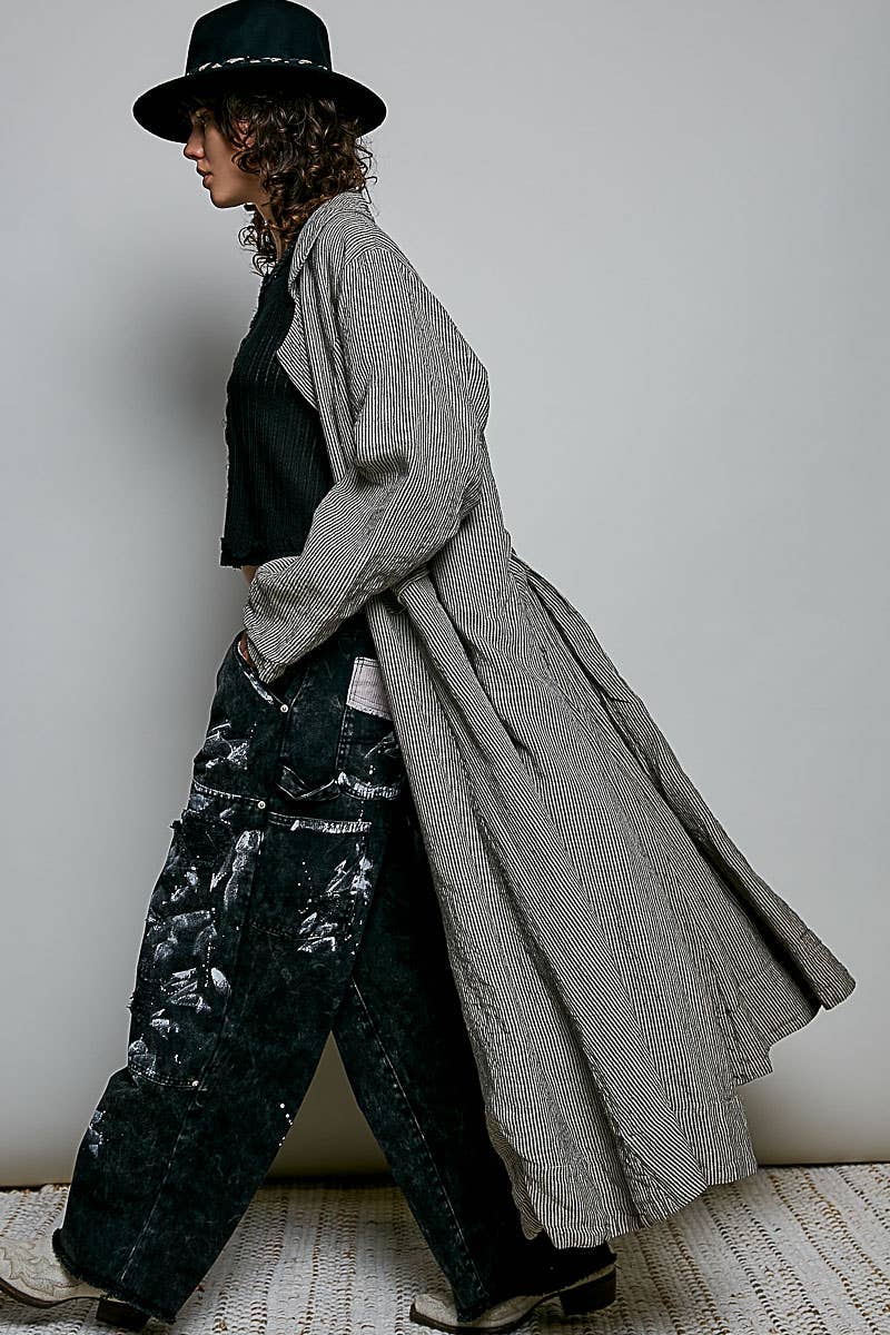 Soft Notched Collared Woven Maxi-Length Hem Duster Coat