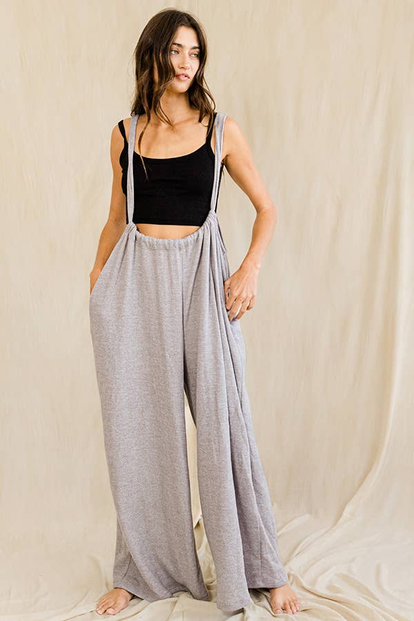 Grey Wide Leg Solid Brushed Knit Adjustable Length Jumpsuit