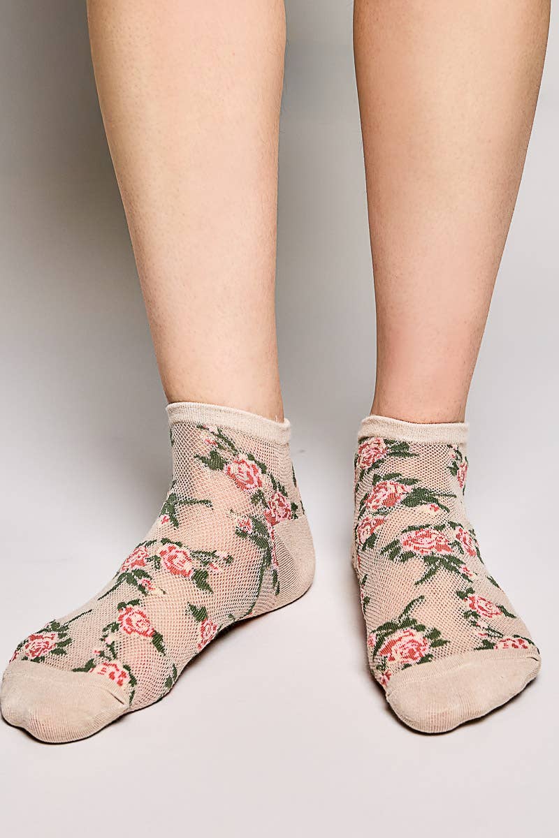 Allover Floral Print Classic Ribbed Cuff Knit Crew Socks