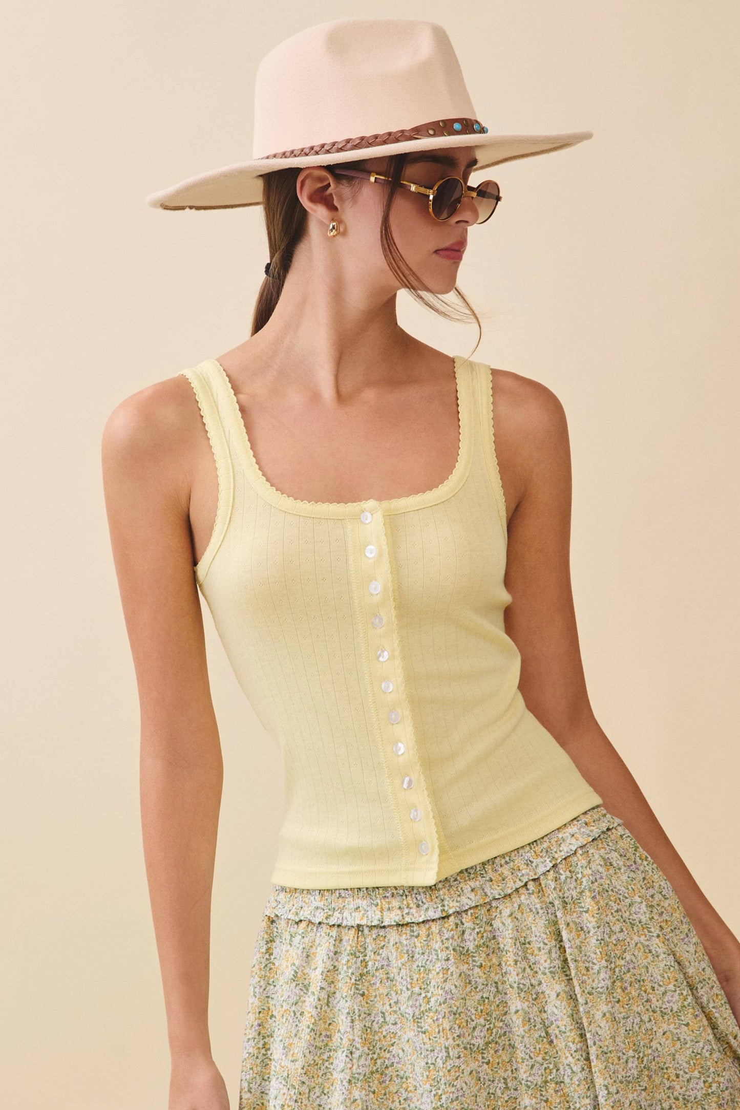 Pointelle Button Front Cami Tank