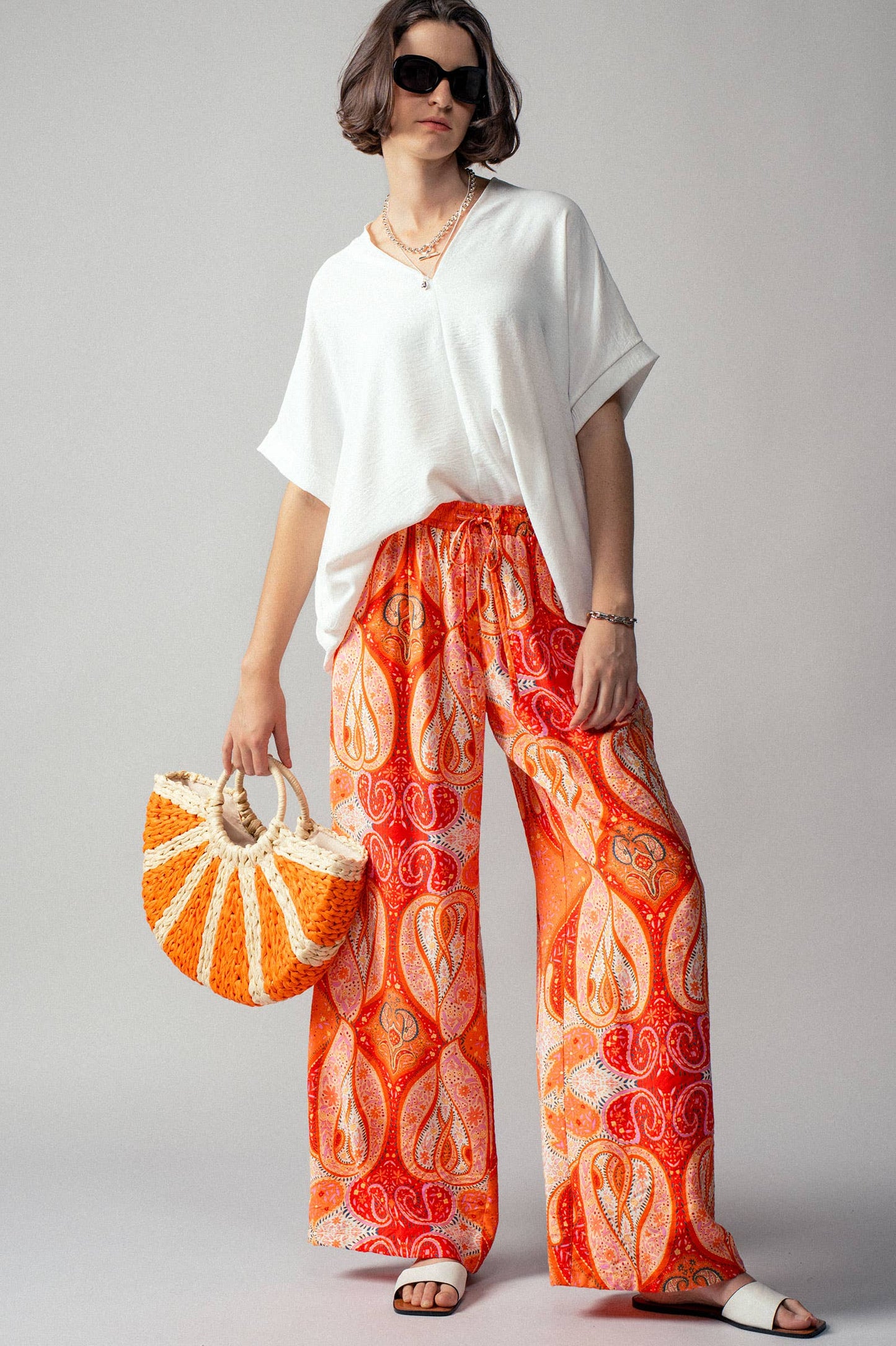 Orange Paisley Print Wide-Leg Statement Pants