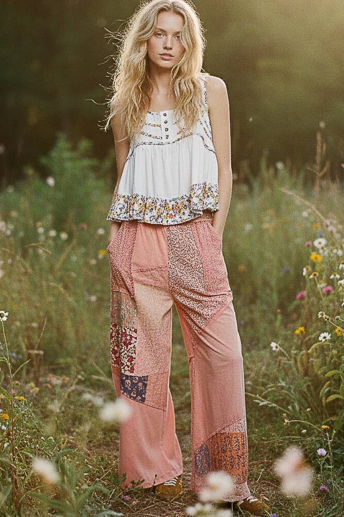 Square Neck Jersey Floral Trim Boho Tank Top