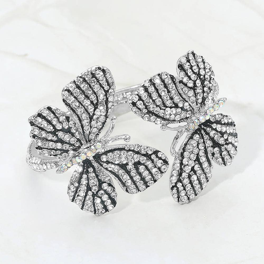 Rhinestone Embellished Double Butterfly Hinged Bangle Bracelet