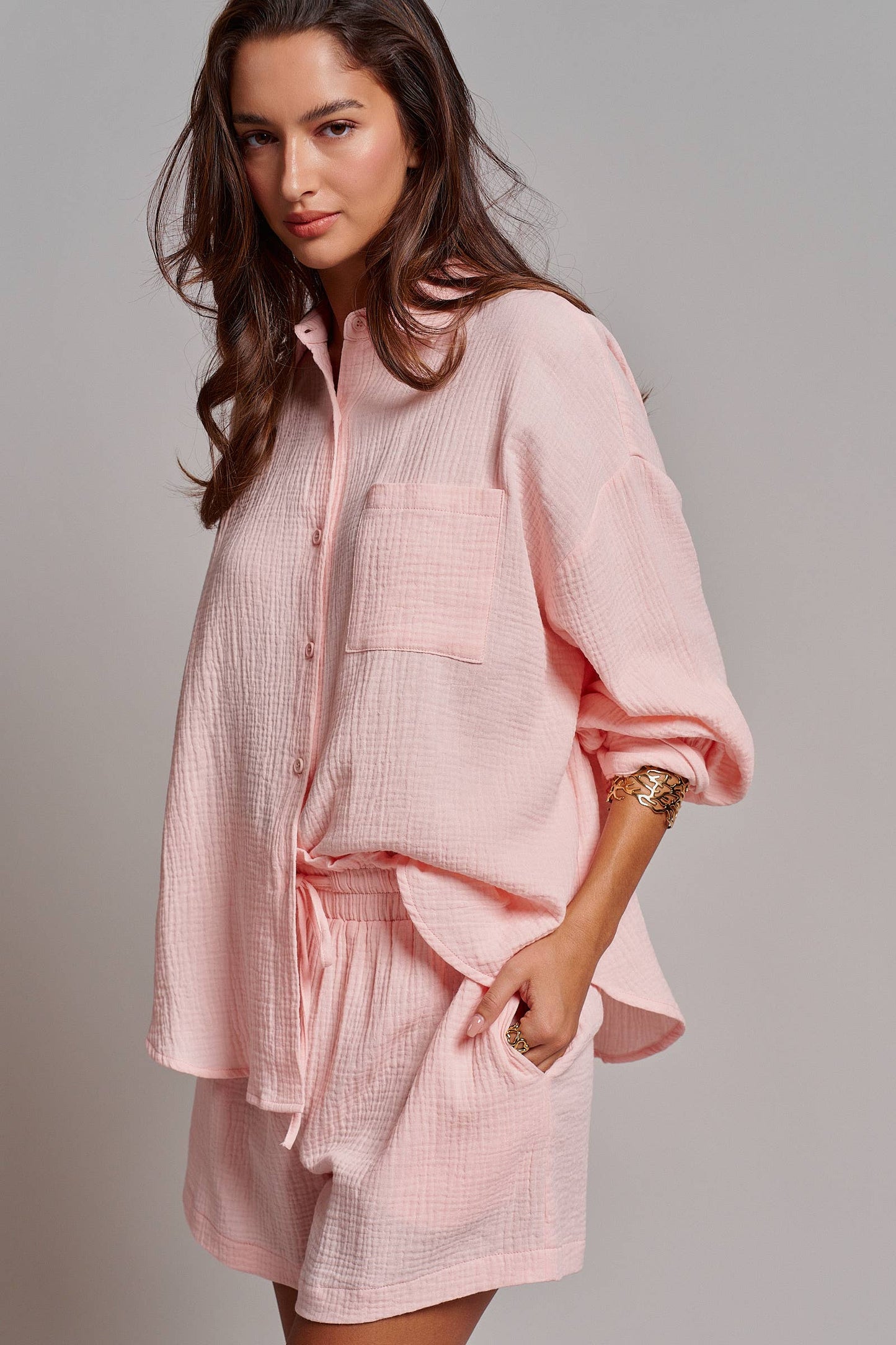 Pink Crinkle Cotton Gauze Resort Button-Up Set