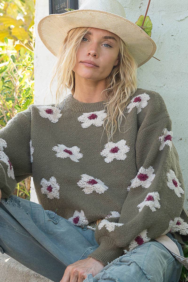 Olive Oversized Round Neck Daisy Floral Pattern Sweater