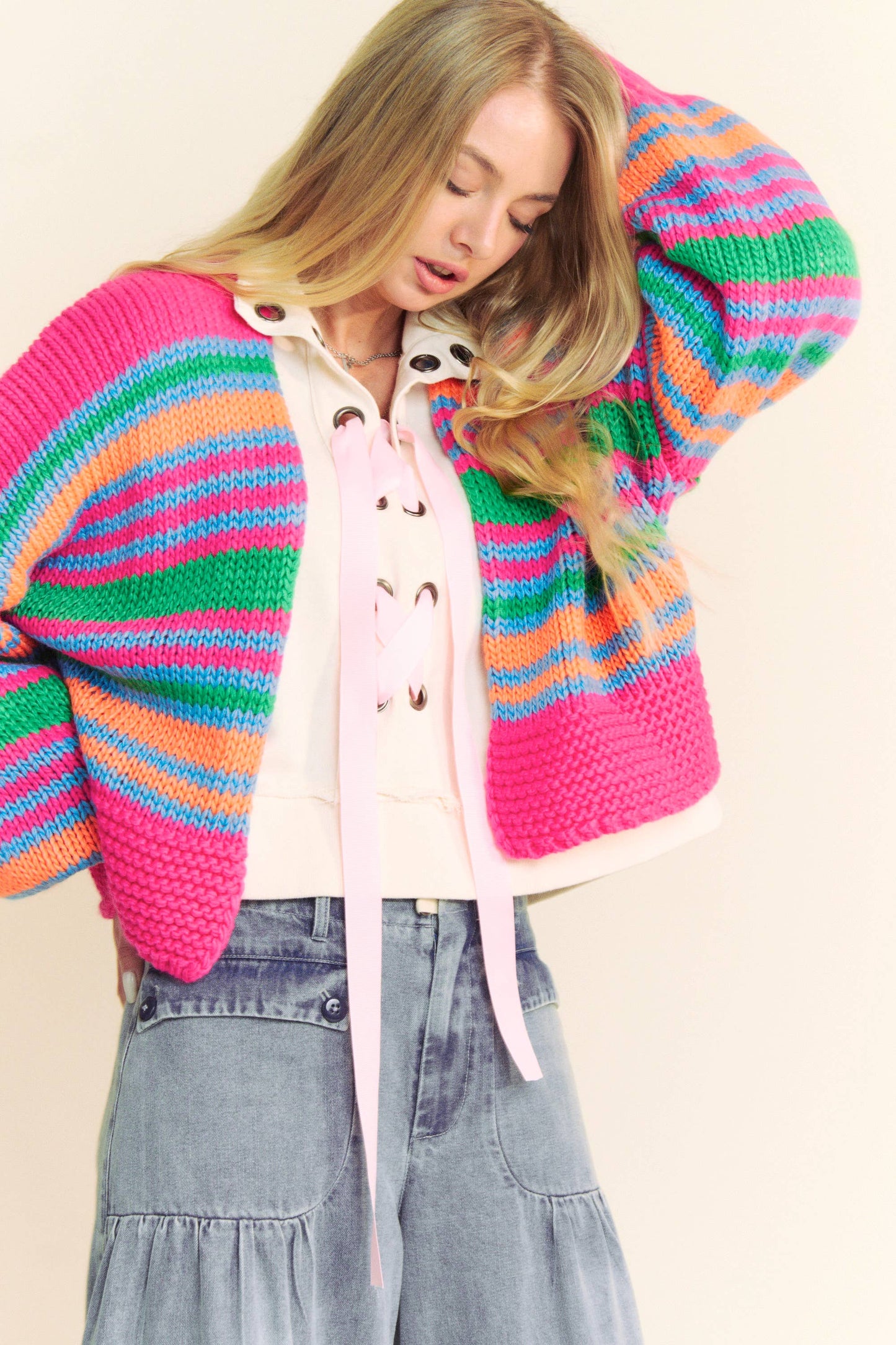 Chunky Striped Open-Front Cardigan