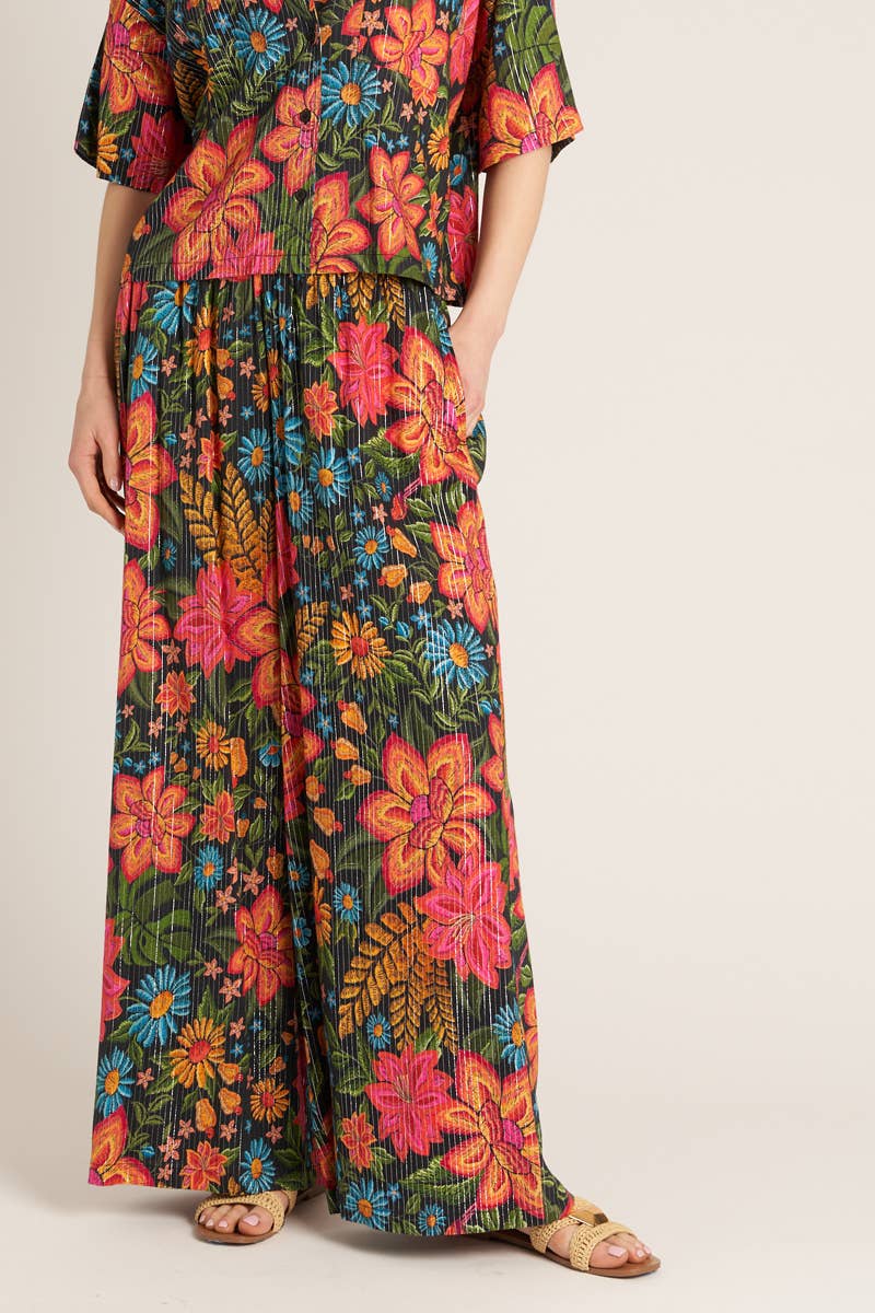 Printed Elastic Waistband Pants with Lurex Stripes