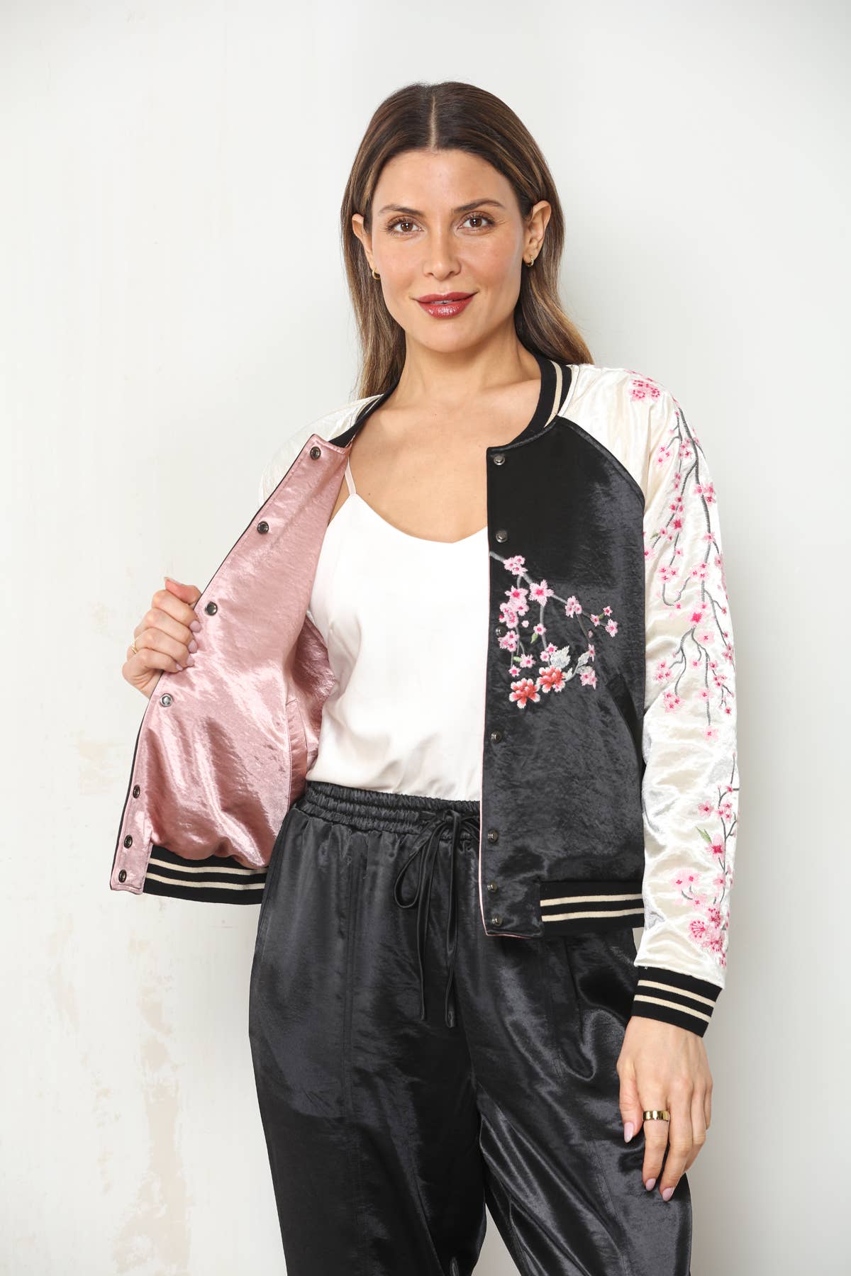PRE ORDER SHIPS AUG 7-12 Reversible Cherry Blossom Satin Bomber Jacket