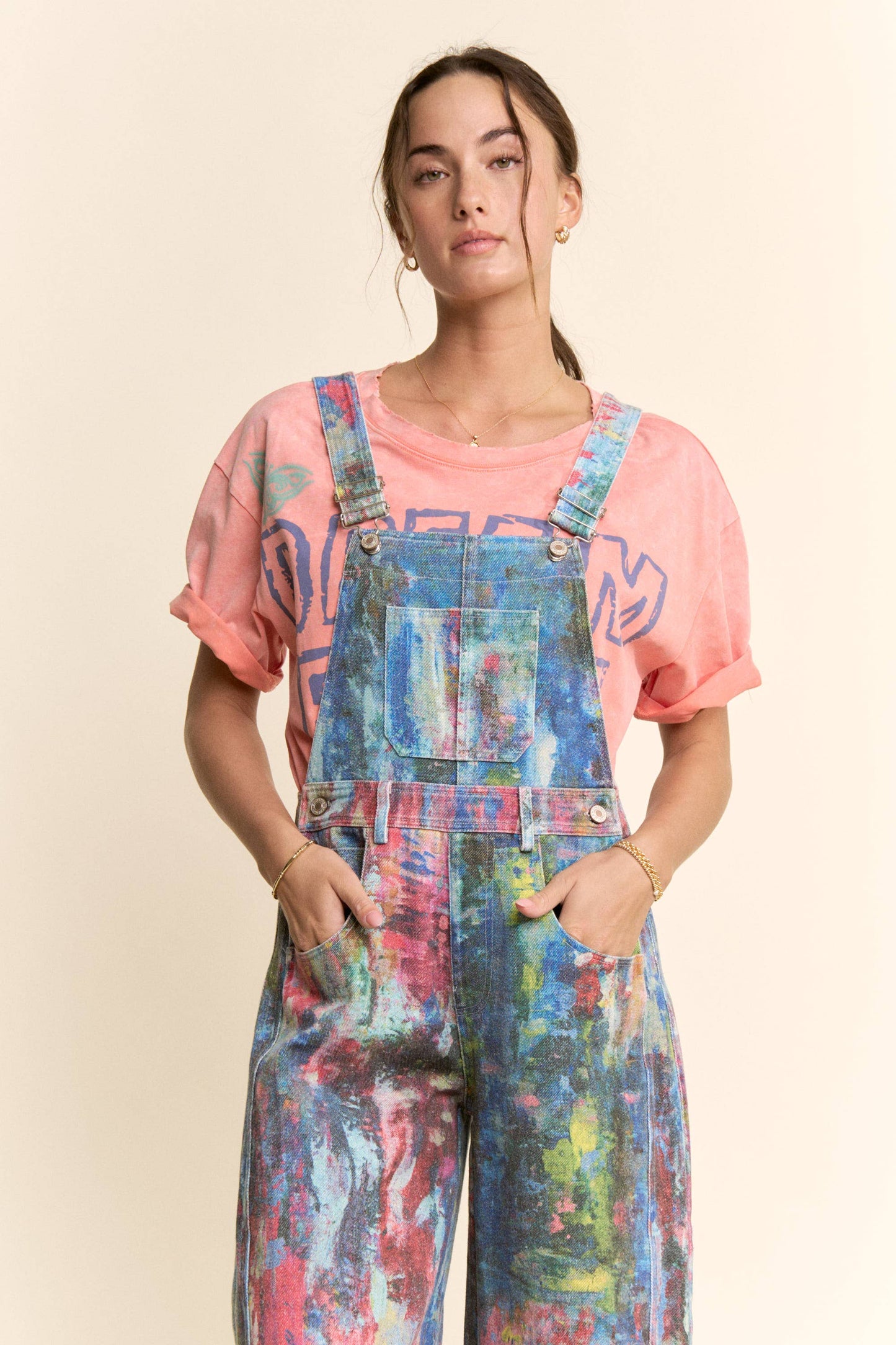 WATER COLOR DENIM BARREL PANTS OVERALL JUMPSUIT