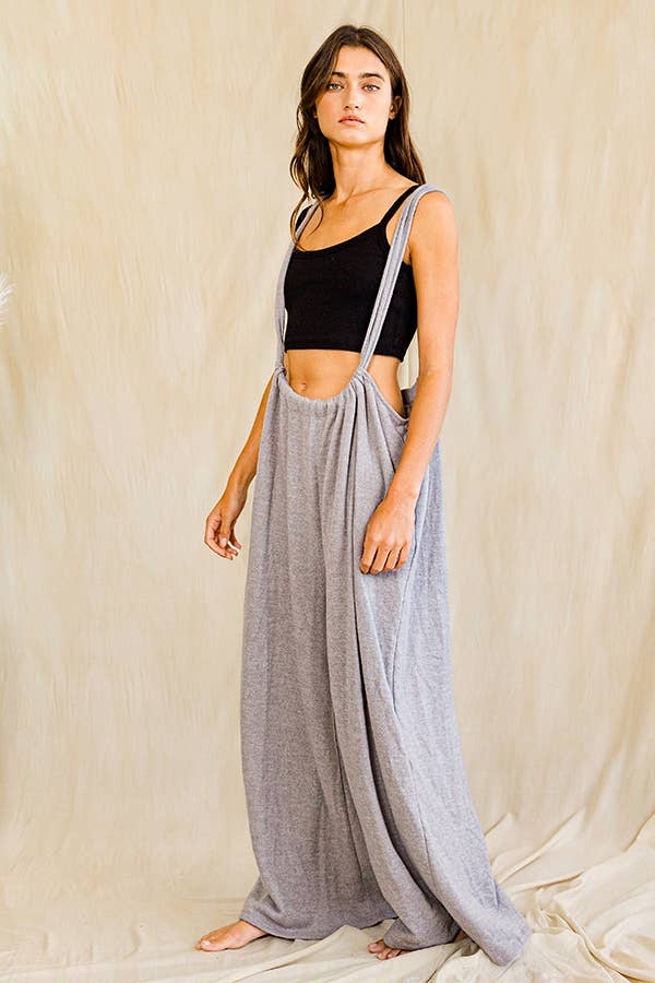 Grey Wide Leg Solid Brushed Knit Adjustable Length Jumpsuit