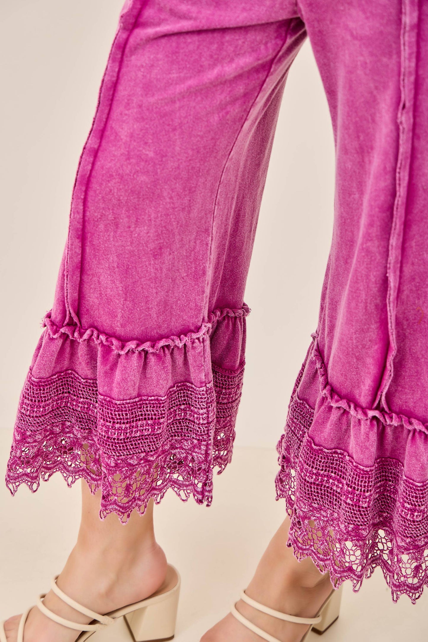 Mineral Washed Delicate lace trim hem Cropped Pants