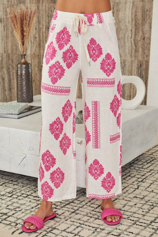 Fuchsia Linen Damask Drawstring Waist Pants