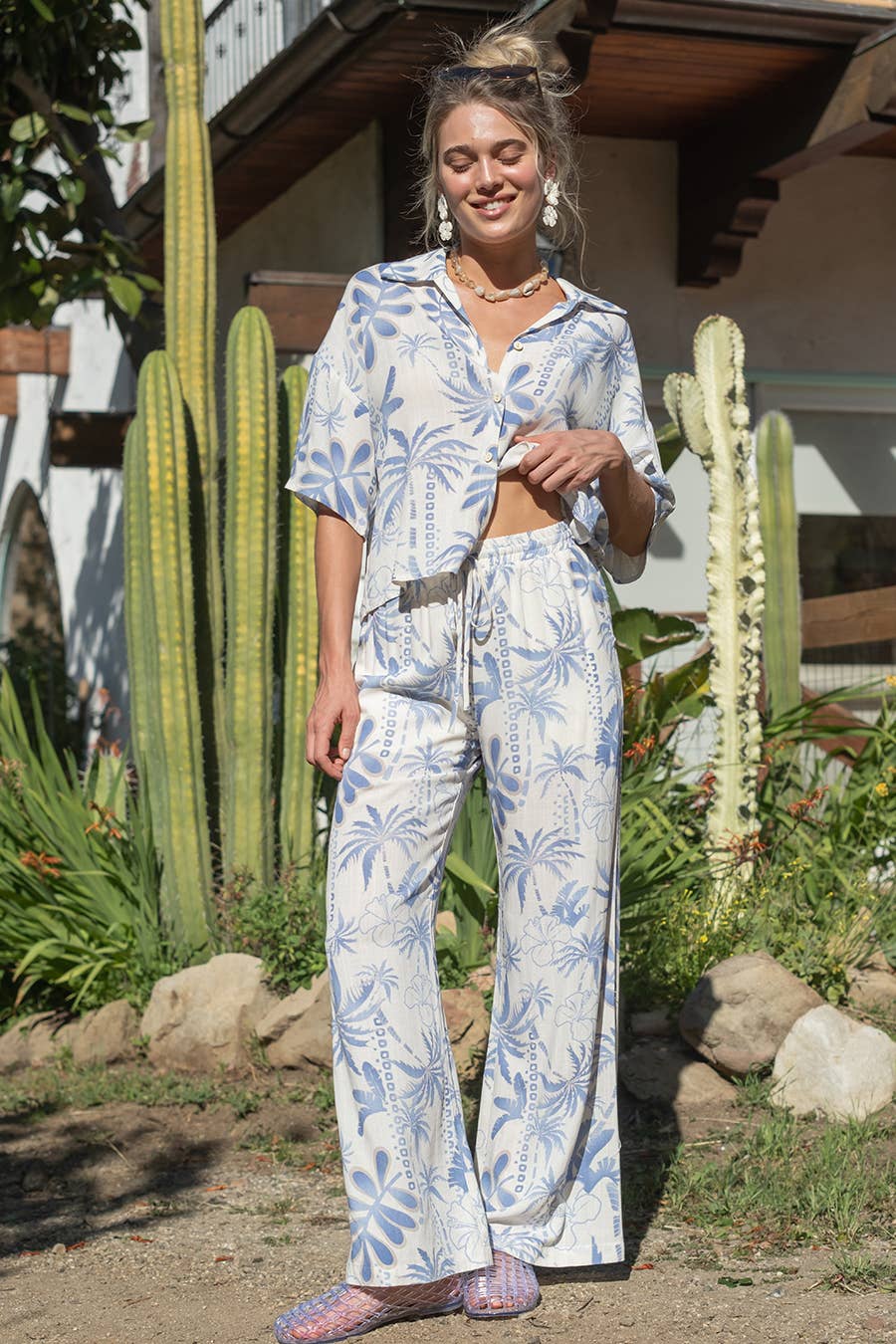 Blue and White Palm Tree Shirt Top and Pant Set