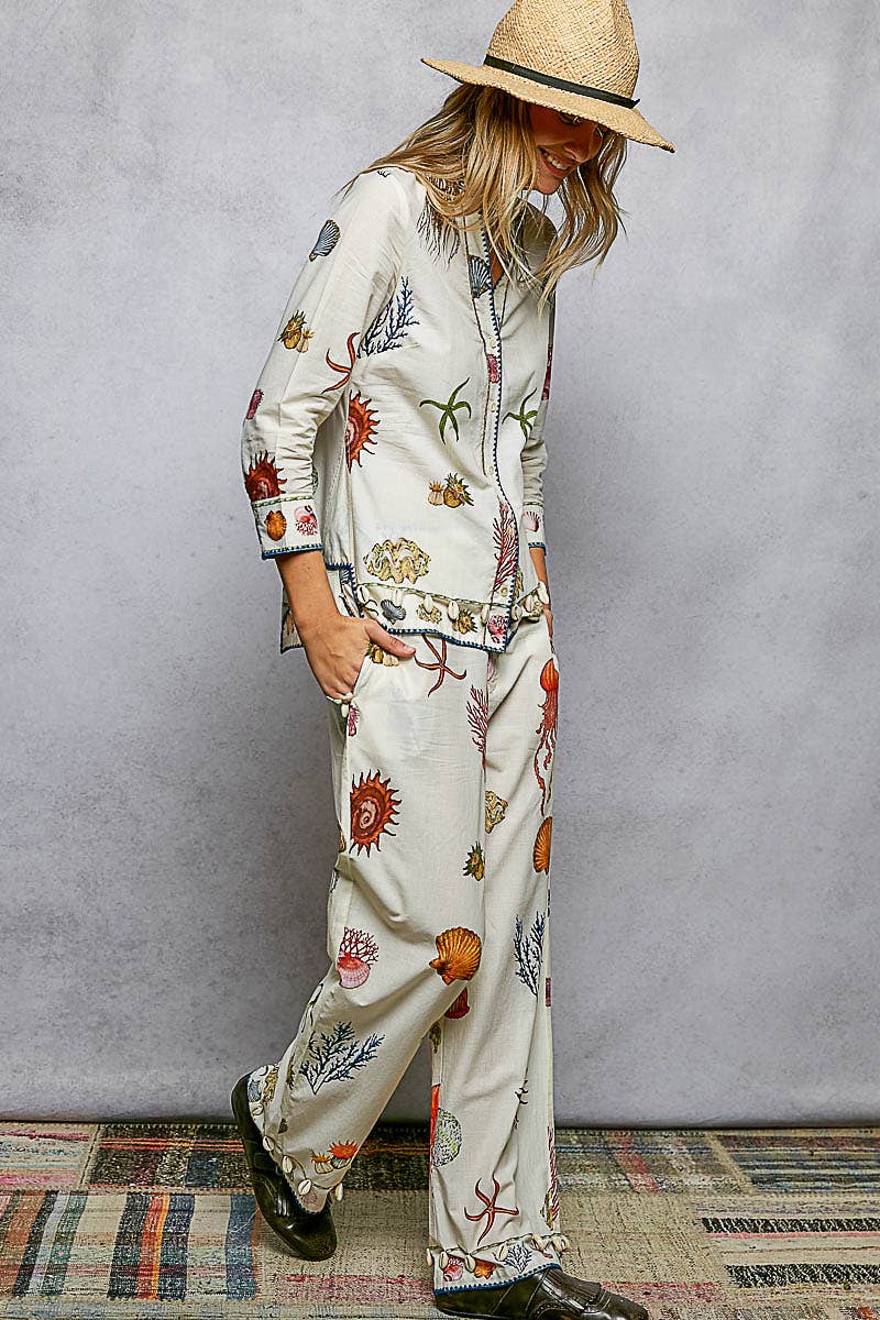 Sea-Inspired Print Shell Trim Contrast Stitch Pants