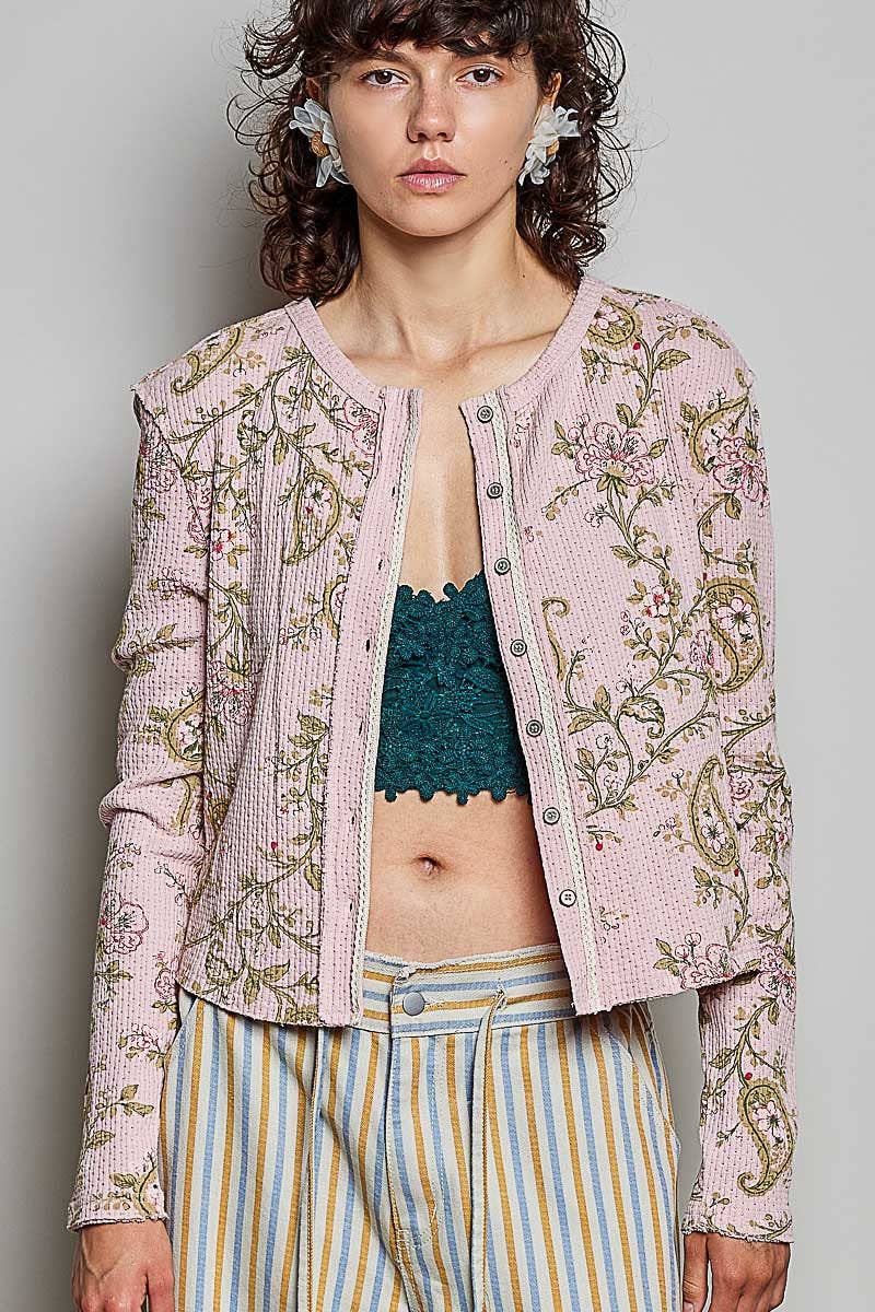 Vintage Floral Botanical Print Ribbed Knit Button Cardigan