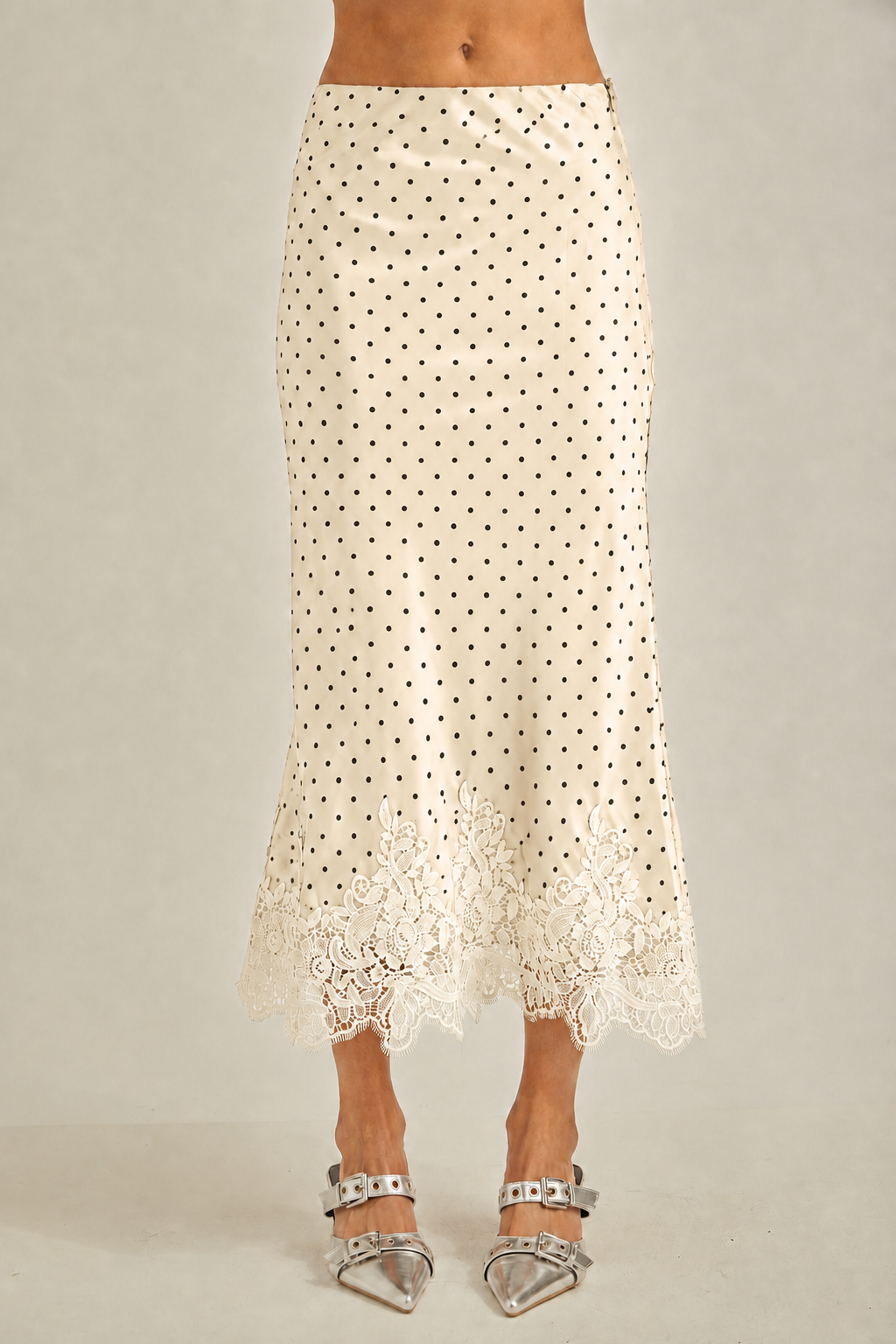 Polkadot with lace hem fit & flare bias midi skirt