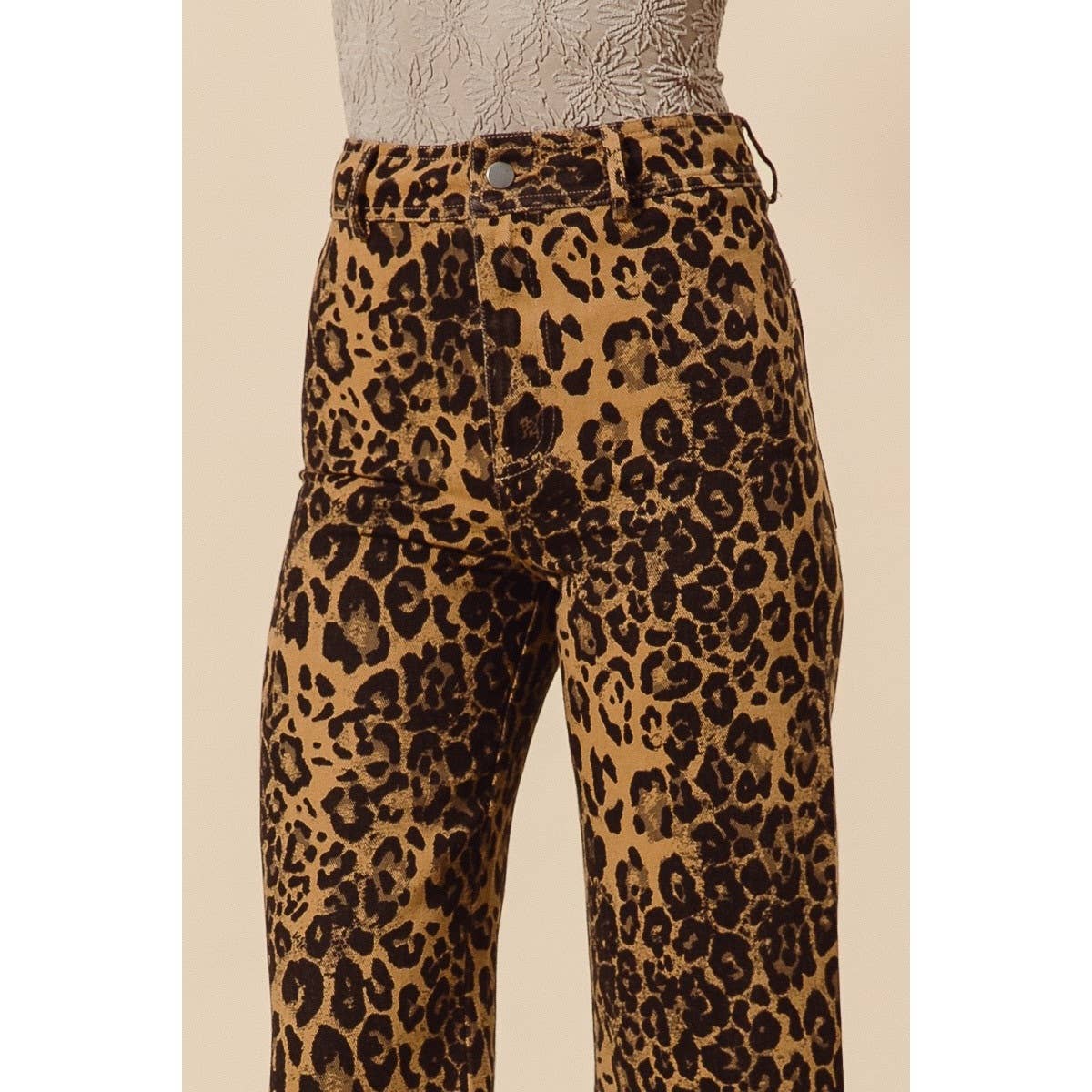 MID RISE LEOPARD TWILL FRAYED HEM WIDE LEG PANTS