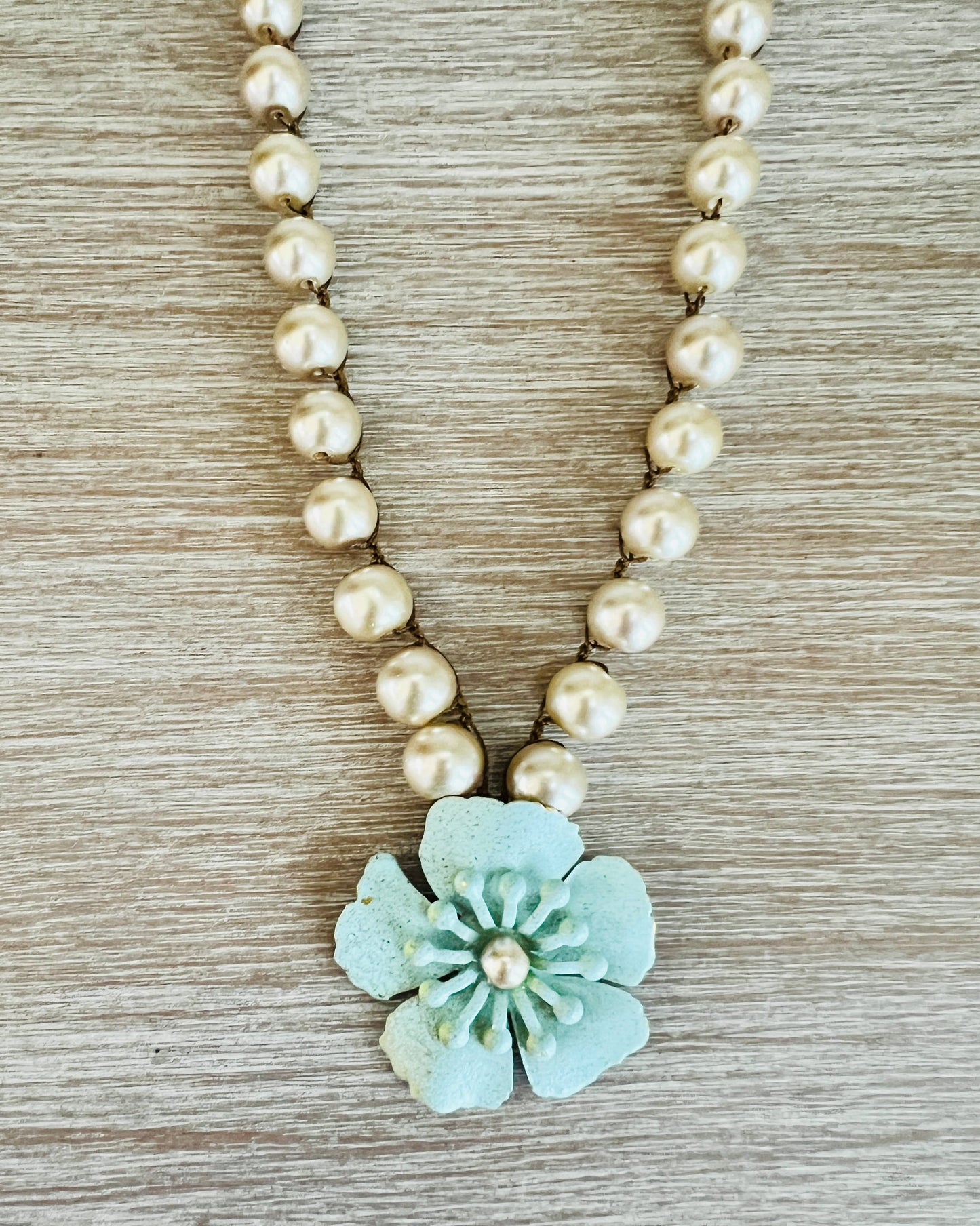 Aqua Mint Flower Garden Necklace Crocheted With Glass Pearls