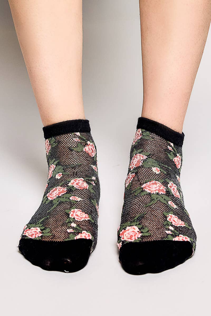 Allover Floral Print Classic Ribbed Cuff Knit Crew Socks