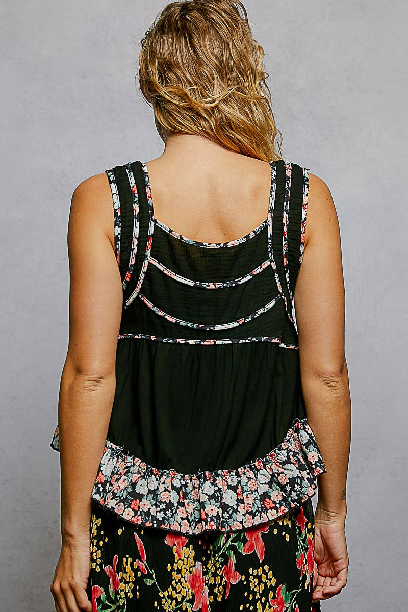 Square Neck Jersey Floral Trim Boho Tank Top