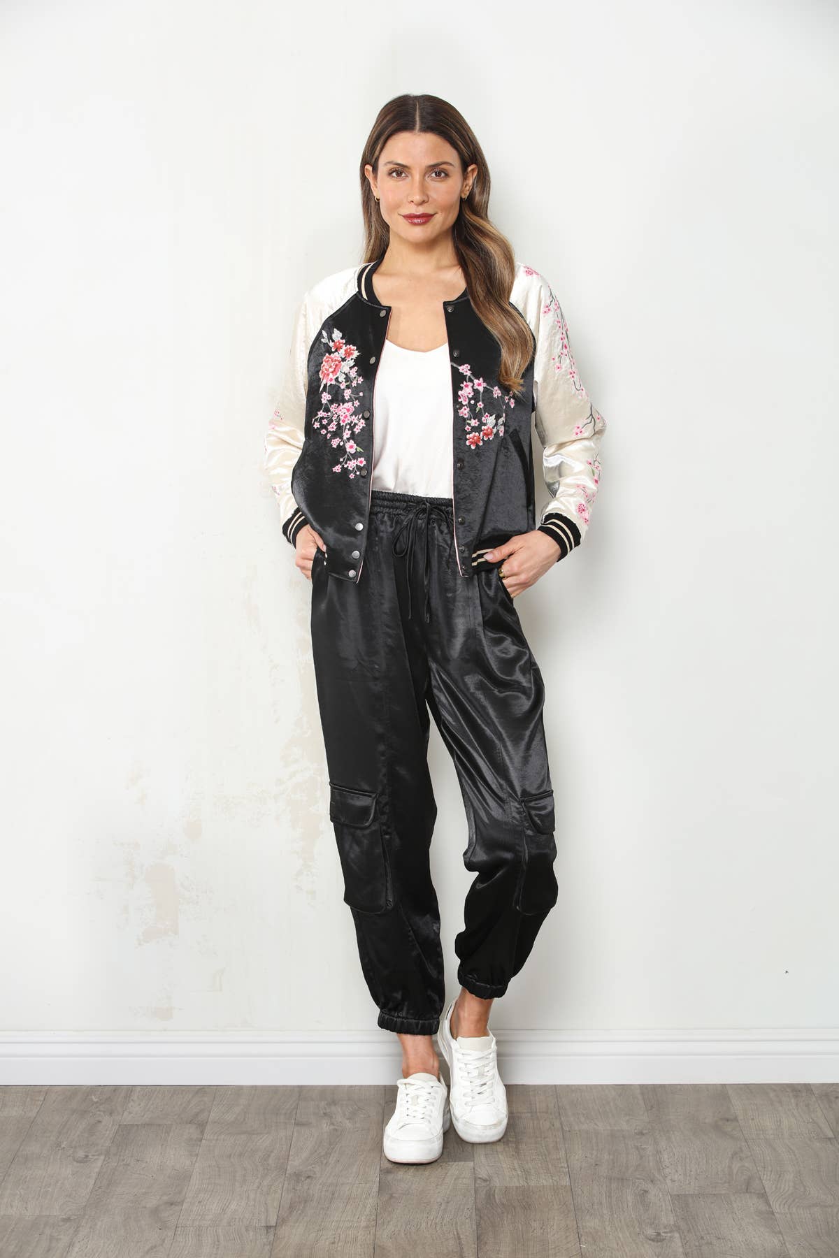 PRE ORDER SHIPS AUG 7-12 Reversible Cherry Blossom Satin Bomber Jacket