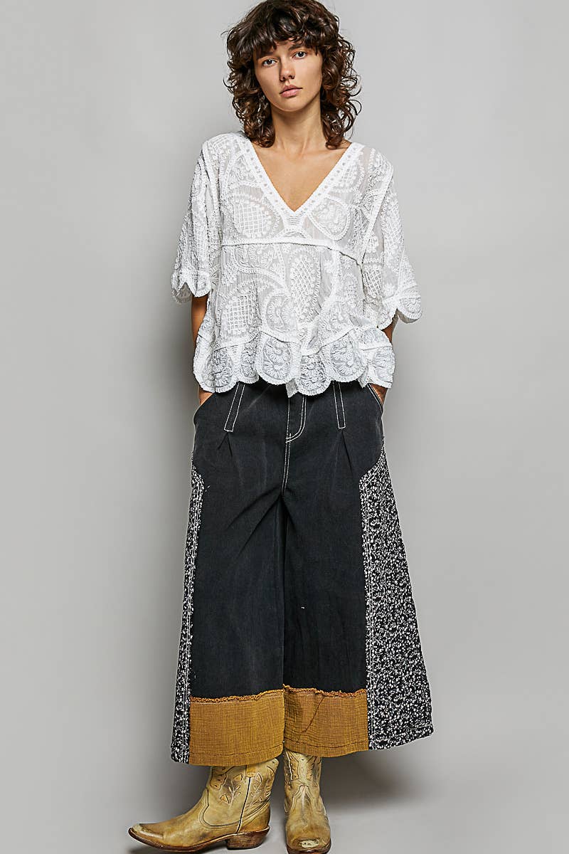 Short Sleeve V-neck Vintage Washing Solid Crochet Top