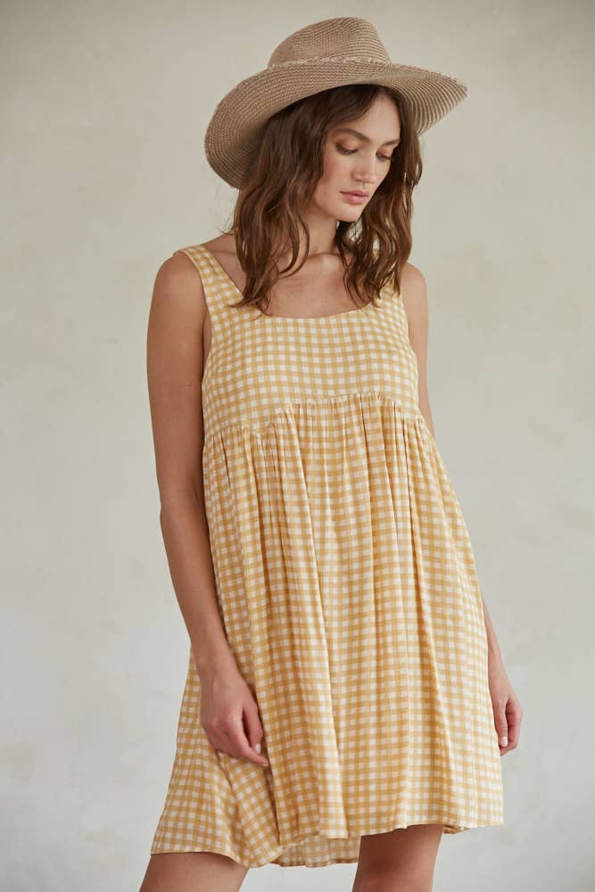 Mustard Ivory Gingham Print Sleeveless Flare Mini Babydoll Dress