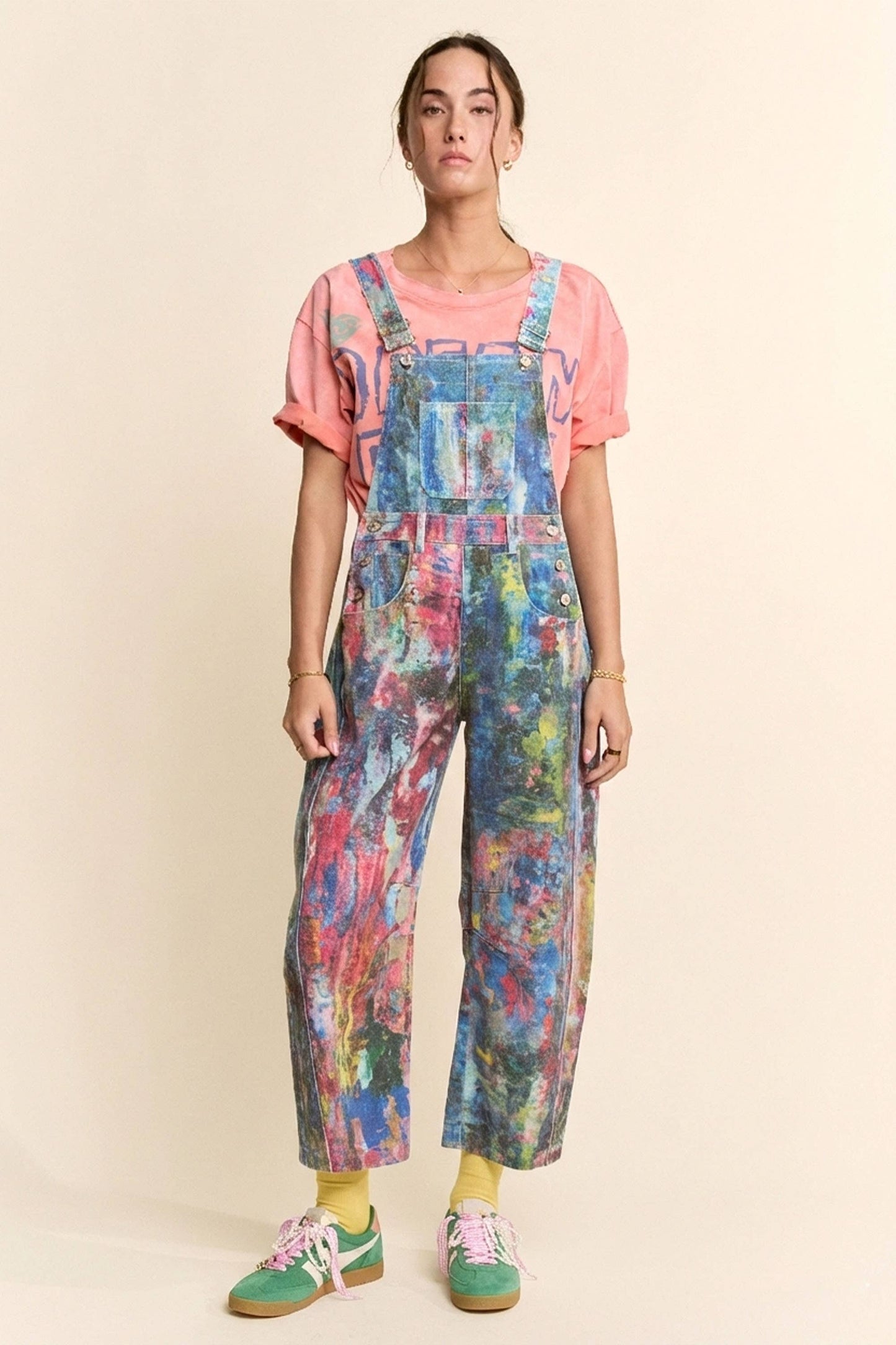 WATER COLOR DENIM BARREL PANTS OVERALL JUMPSUIT