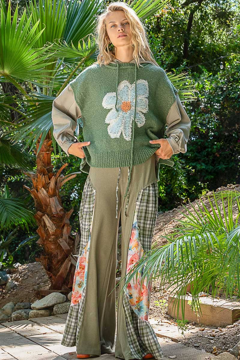 Green/Taupe Oversize Balloon Sleeve Flower Solid Sweater