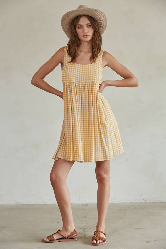 Mustard Ivory Gingham Print Sleeveless Flare Mini Babydoll Dress