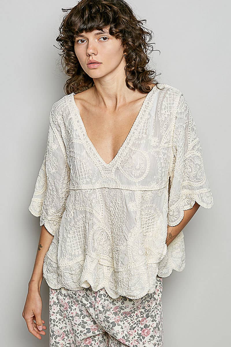 Short Sleeve V-neck Vintage Washing Solid Crochet Top